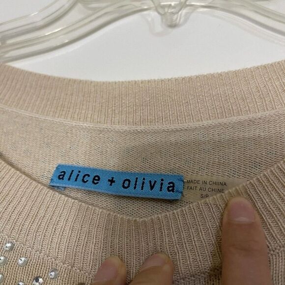 Alice + Olivia Cena tan rhinestone Crew Neck Pullover Sweater Size Small - Picture 5 of 11